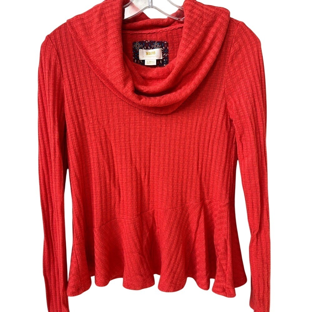 Maeve Anthropologie Ribbed Cowl Neck Ruffle Hem Sweater Womens XS Coral Orange